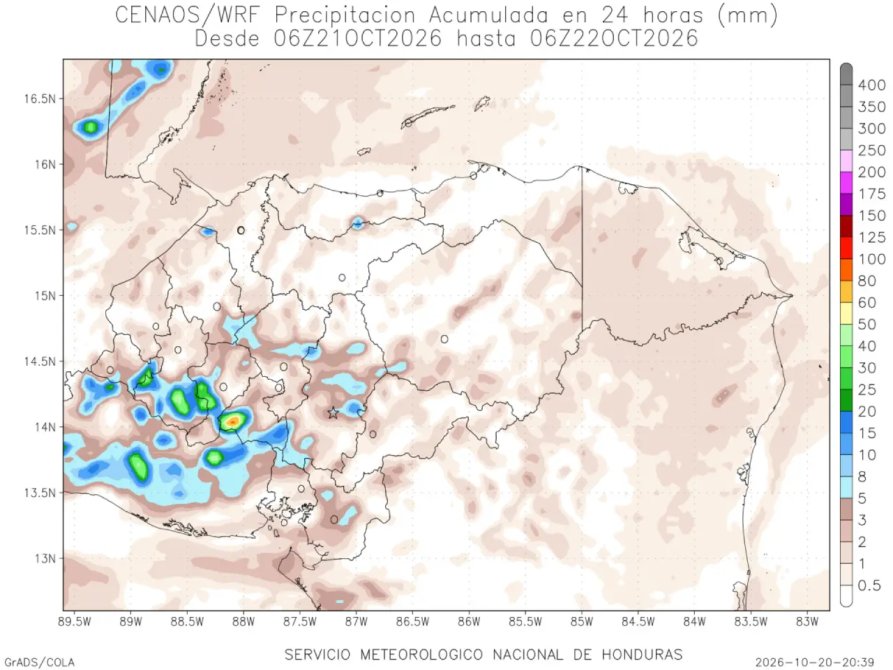 Mapa de pronóstico de lluvias en Honduras