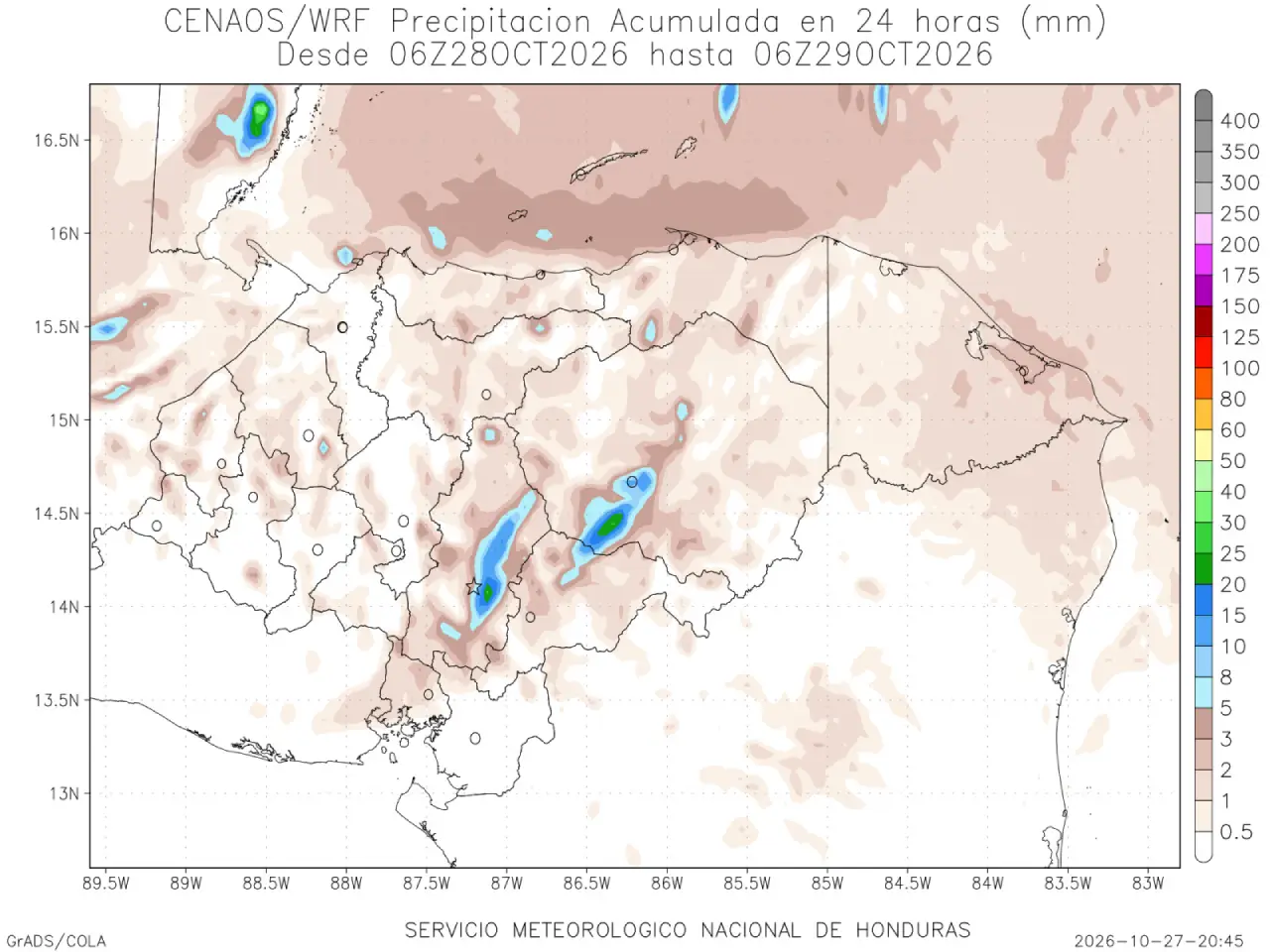 Mapa de pronóstico de lluvias en Honduras