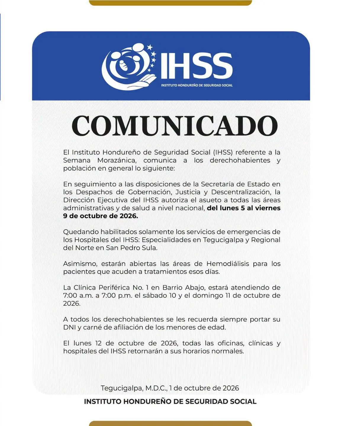 Comunicado del IHSS sobre atenciones a derechohabientes