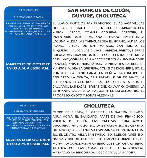 Cortes de energía eléctrica para este martes 13