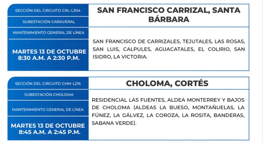 Cortes de energía eléctrica para este martes 13