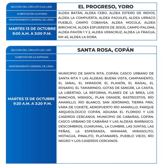 Cortes de energía eléctrica para este martes 13