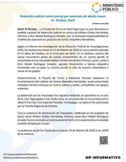 comunicado del Ministerio Público por la muerte de hombre en motel de Danlí, El Paraíso