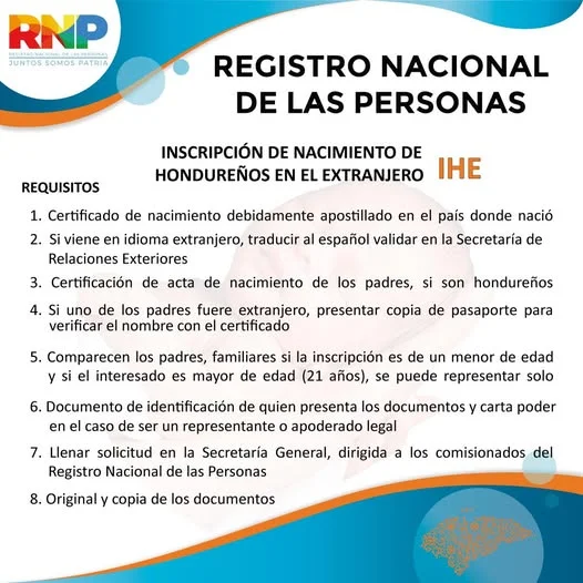 Inscripción de nacimiento de hondureños en el extranjero.