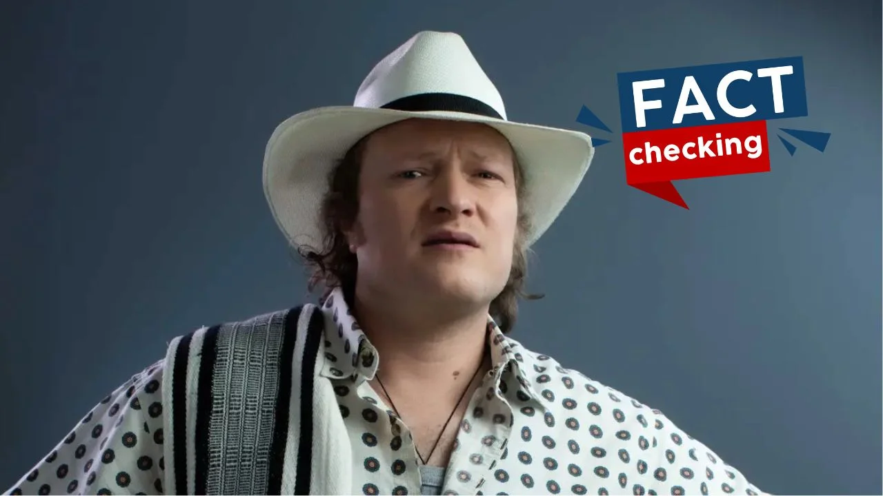 Juan Sebastián Calero con camisa de botones y un sombrero junto al logo de fact checking de tunota.com