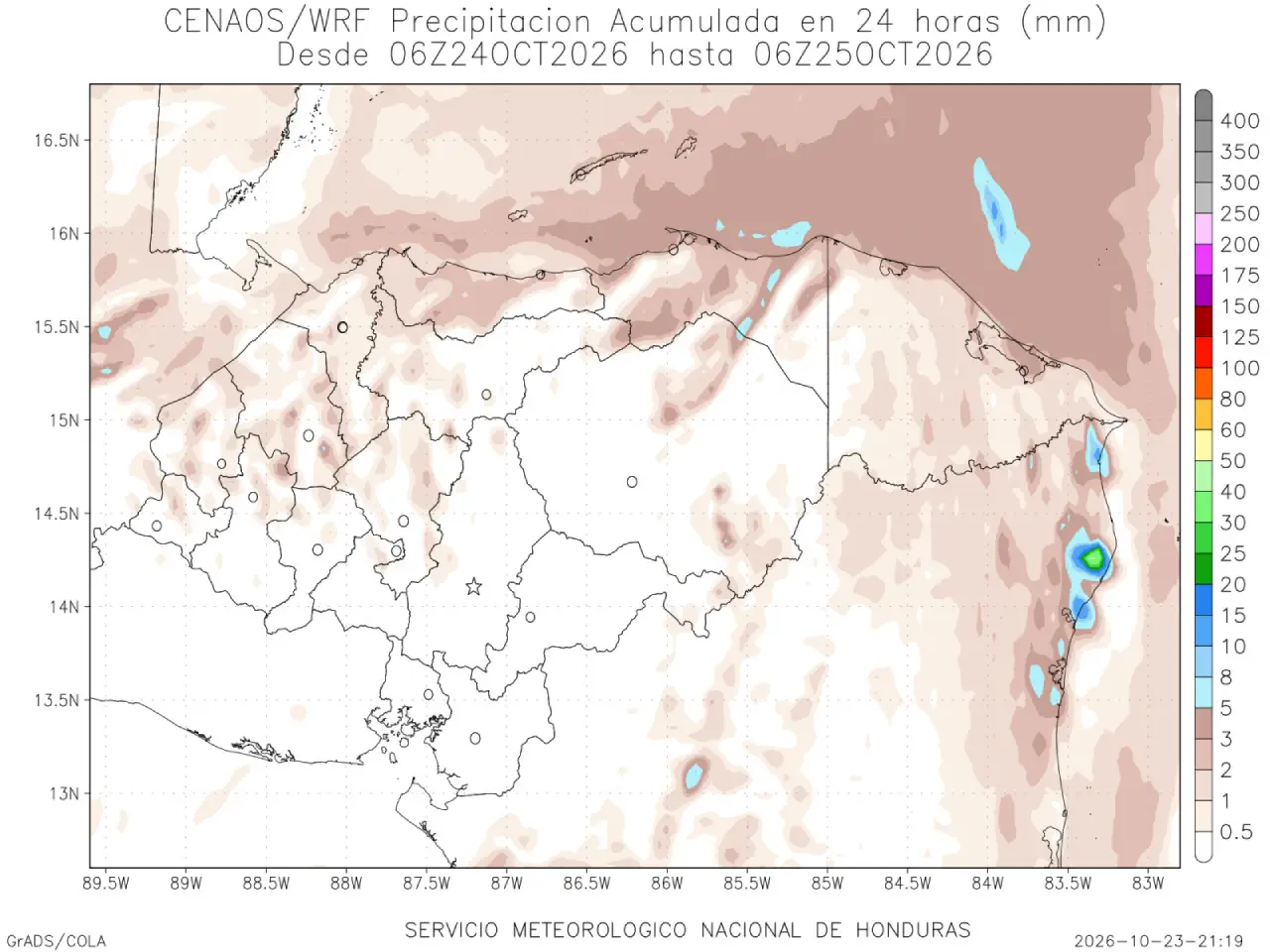 Mapa meteorológico de Honduras que muestra la distribución estimada de las precipitaciones acumuladas en un período de 24 horas