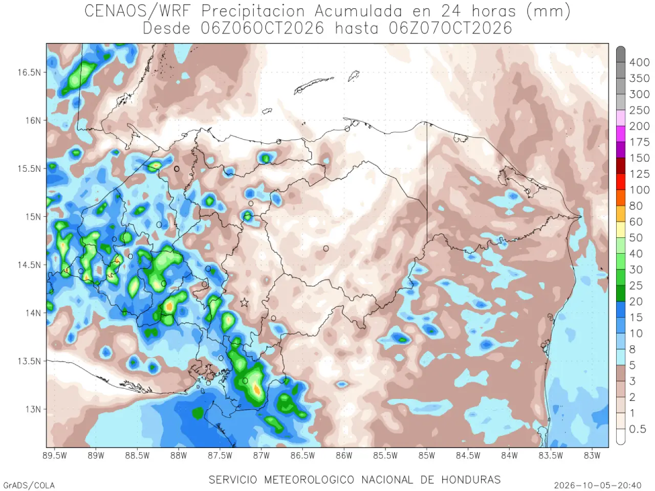 Mapa de lluvias previstas en Honduras