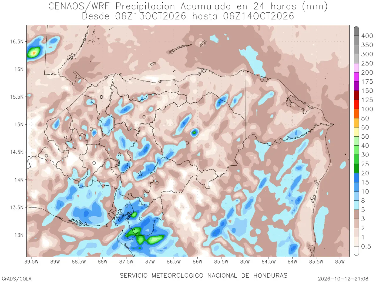 Mapa de pronóstico de lluvias en Honduras
