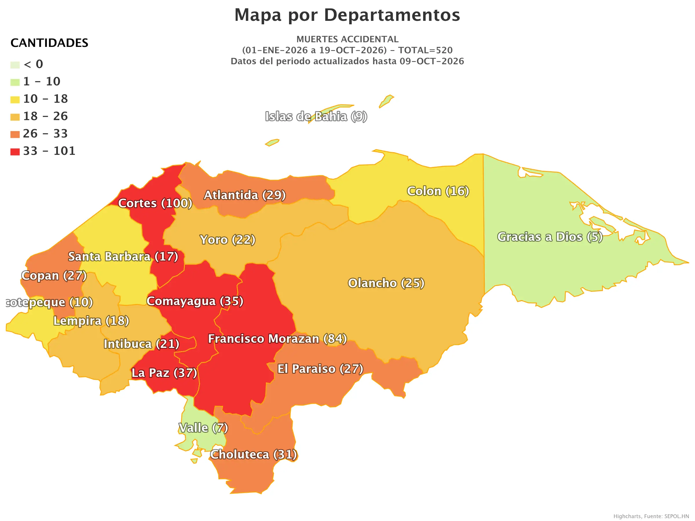 Mapa de muertes accidentales en Honduras