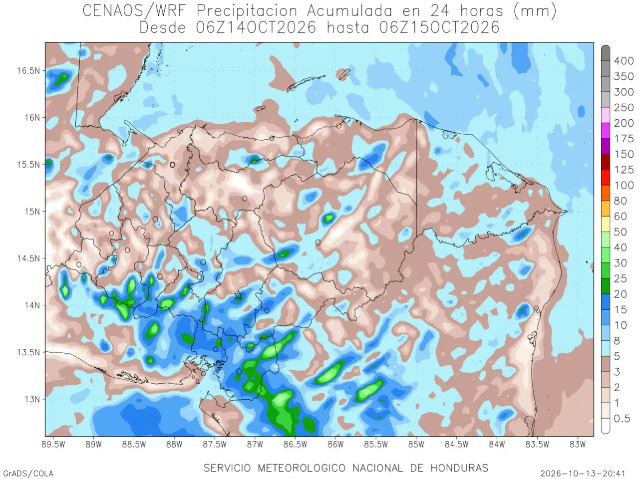 Mapa de lluvias por vaguada en Honduras