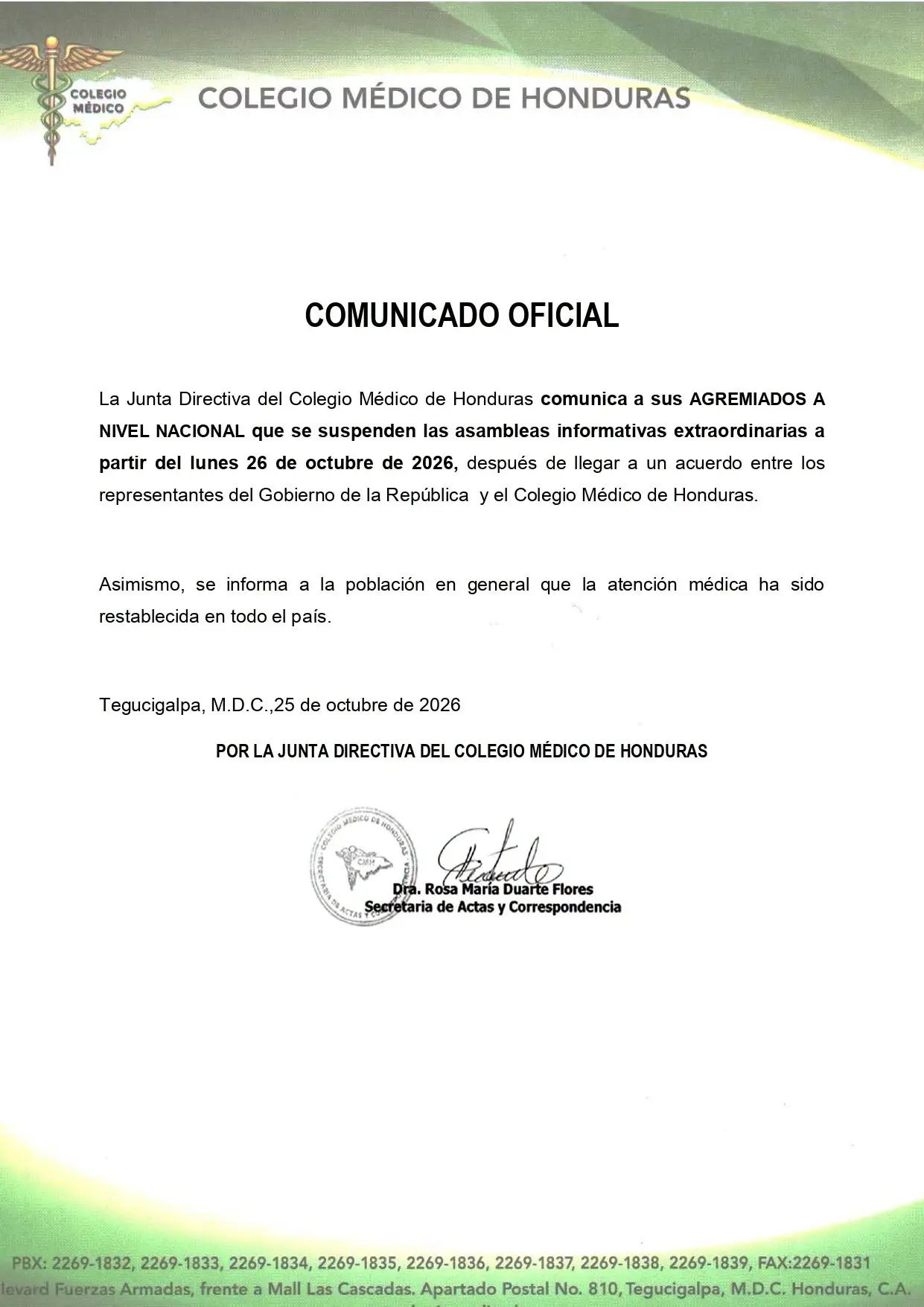 Comunicado del Colegio Médico de Honduras
