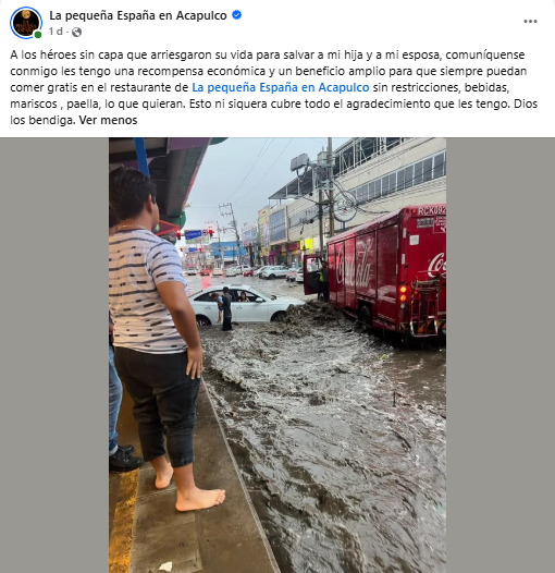 publicación donde empresario dice que dará comida de por vida a quienes salvaron a su familia de inundaciones en Acapulco