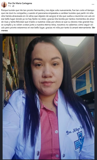 Foto de la doctora Milagro Cartagena Girón, de quien se reportó su fallecimiento en Lempira