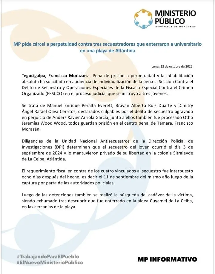 Comunicado del MP sobre la petición de cadena perpetua contra tres jóvenes