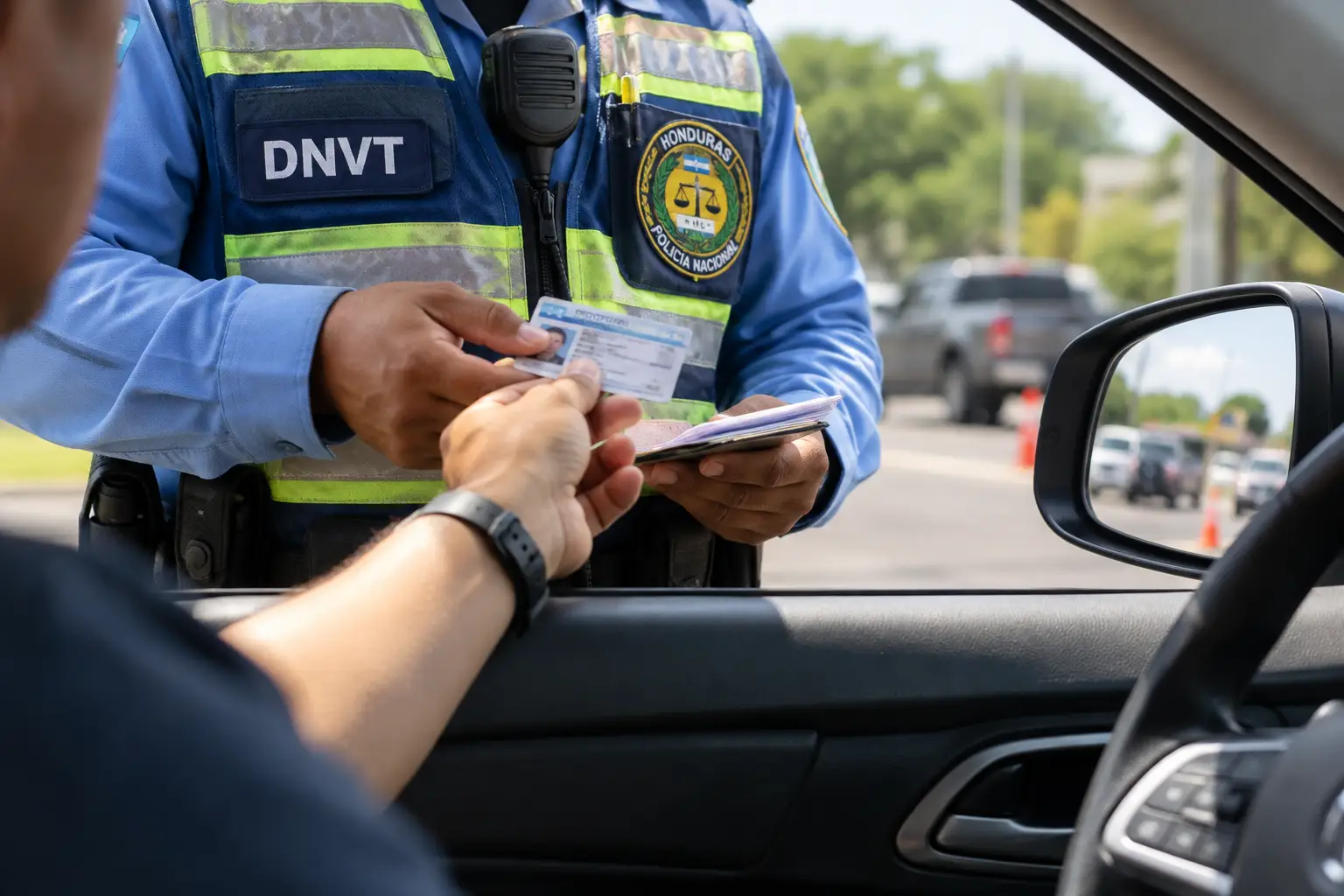 Foto de un agente de transito deteniendo a un conductor en Honduras