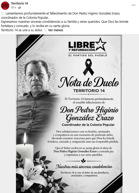 Nota de duelo por la muerte del exagente, quien también era correligionario del partido Libertad y Refundación (Libre)