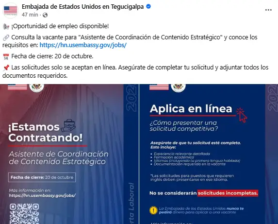 Embajada de Estados Unidos en Tegucigalpa abre oportunidad de empleo