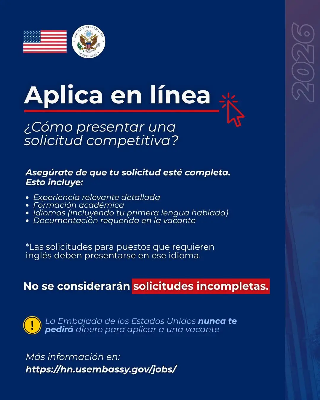 Embajada de Estados Unidos en Tegucigalpa abre oportunidad de empleo