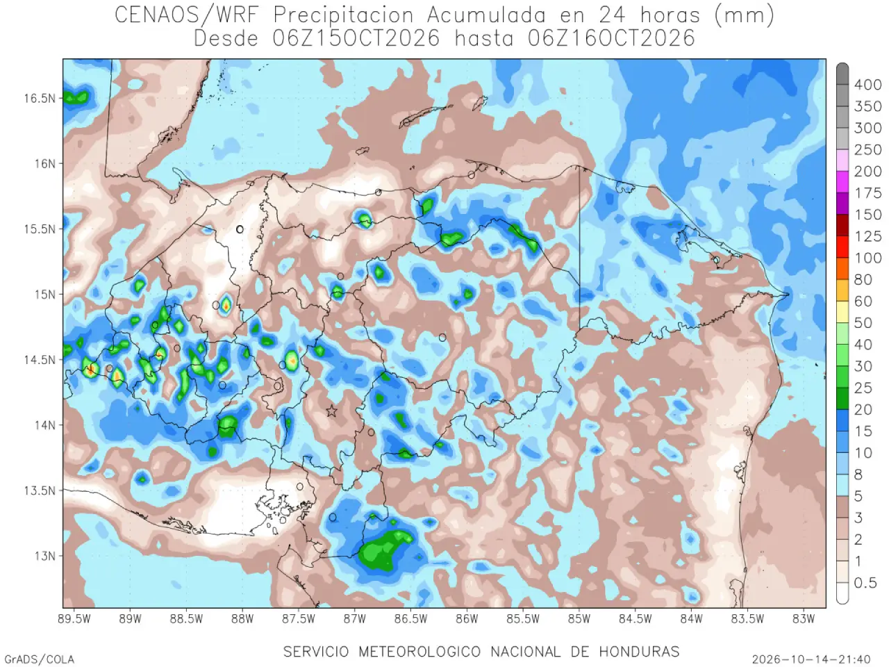 Mapa de Honduras con previsión de lluvias por departamento
