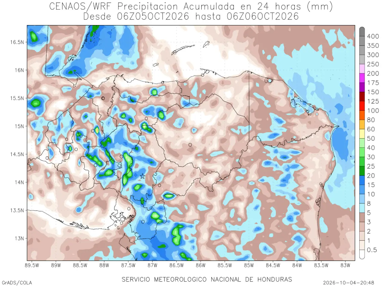 Mapa de pronóstico de lluvias en Honduras