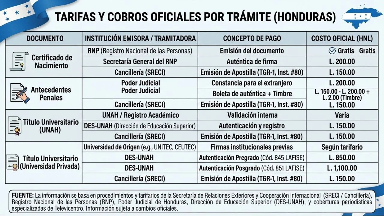 Tarifas y cobros oficiales por trámite de apostillado