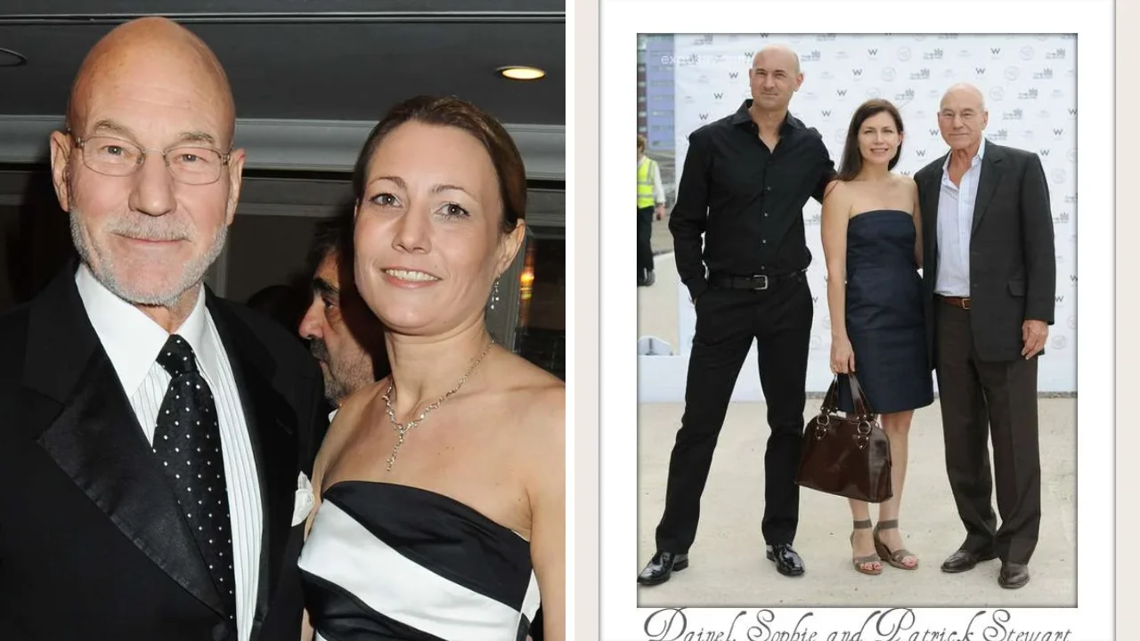 Collage de fotos de Patrick Stewart y sus dos hijos