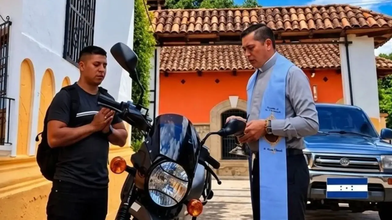 Joven de Intibucá bendice su nueva moto antes de ir a trabajar Imagen de Joven de Intibucá bendice su nueva moto antes de ir a trabajar
