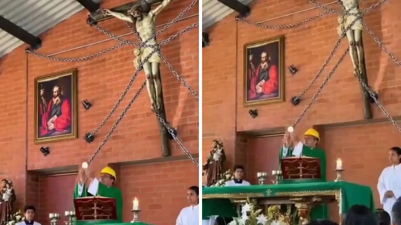 ¿IA? Sacerdote usa casco en misa tras tragedia: La verdad del video Imagen de ¿IA? Sacerdote usa casco en misa tras tragedia: La verdad del video
