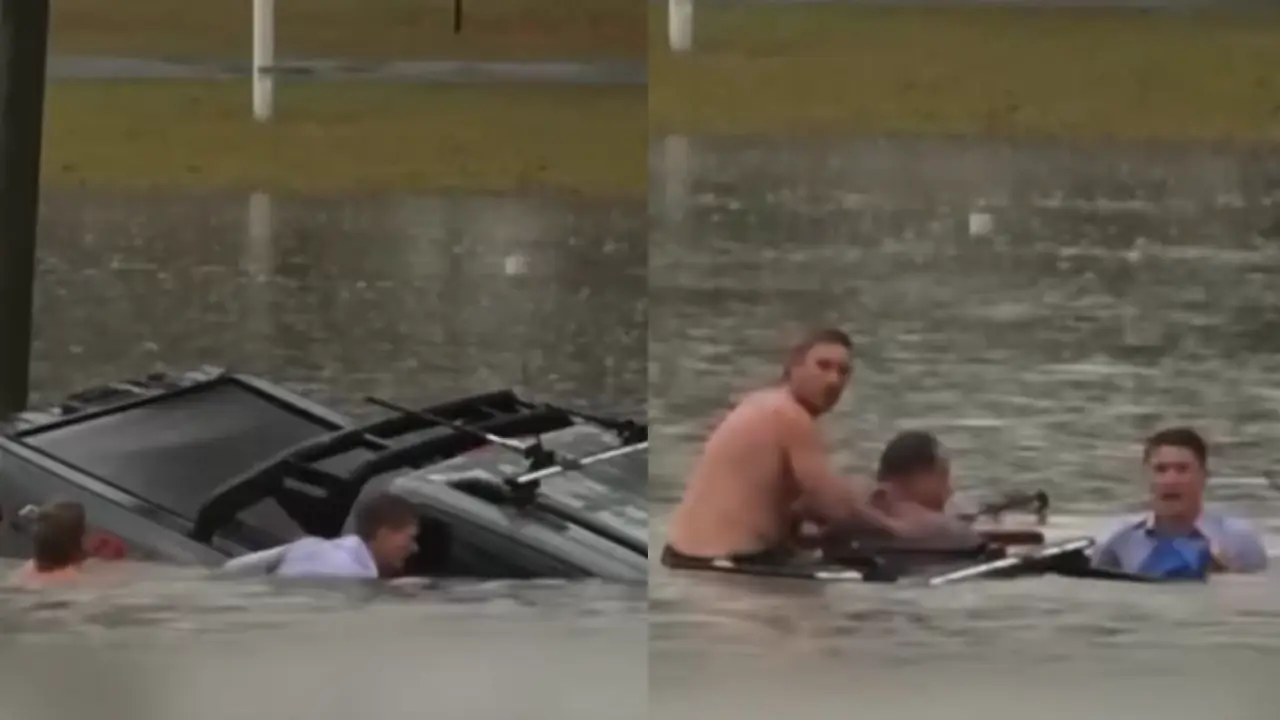 Video muestra a reportero salvar a hombre atrapado en su carro durante inundaciones Imagen de Video muestra a reportero salvar a hombre atrapado en su carro durante inundaciones