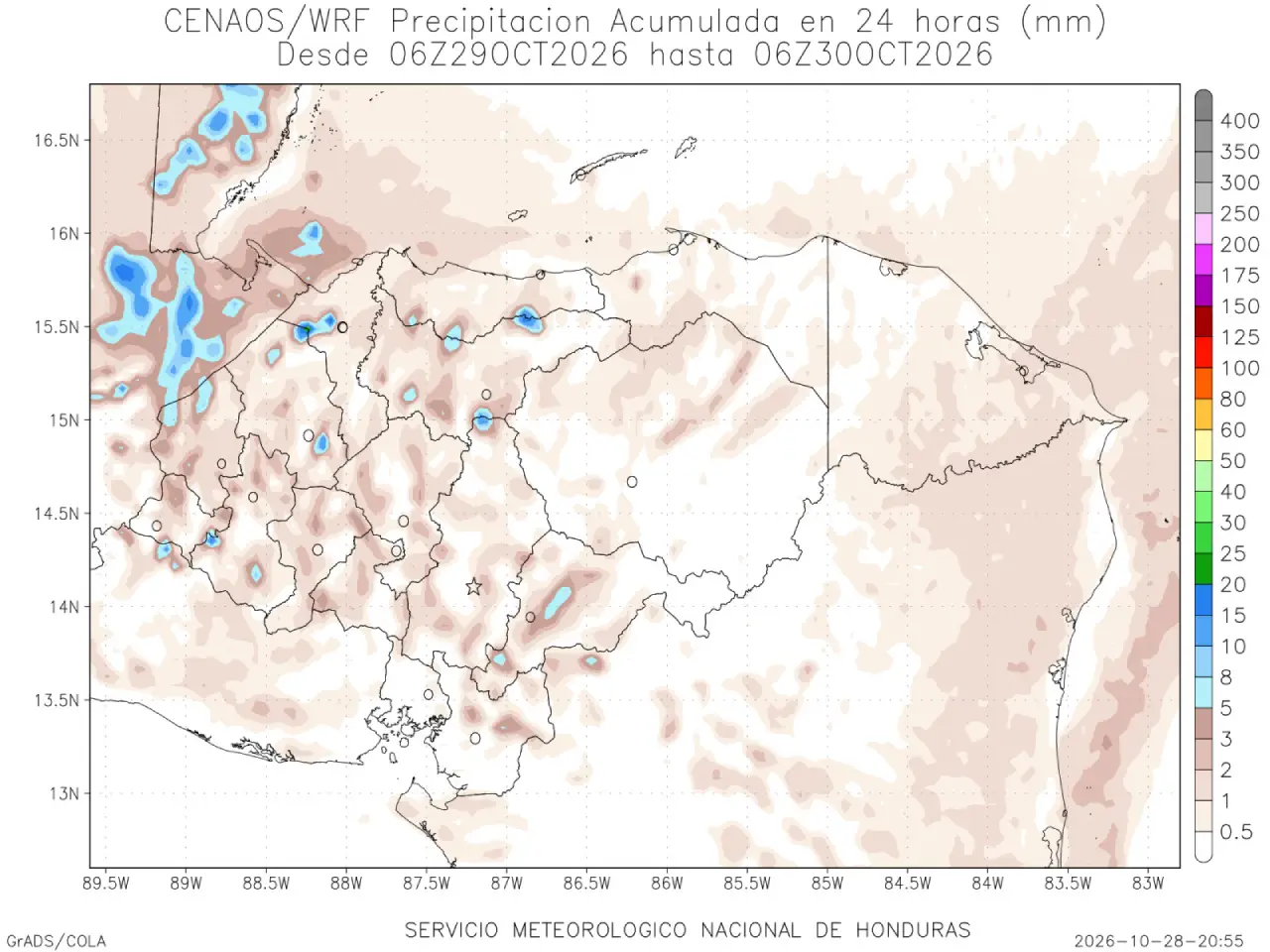Mapa de pronóstico de lluvias en Honduras
