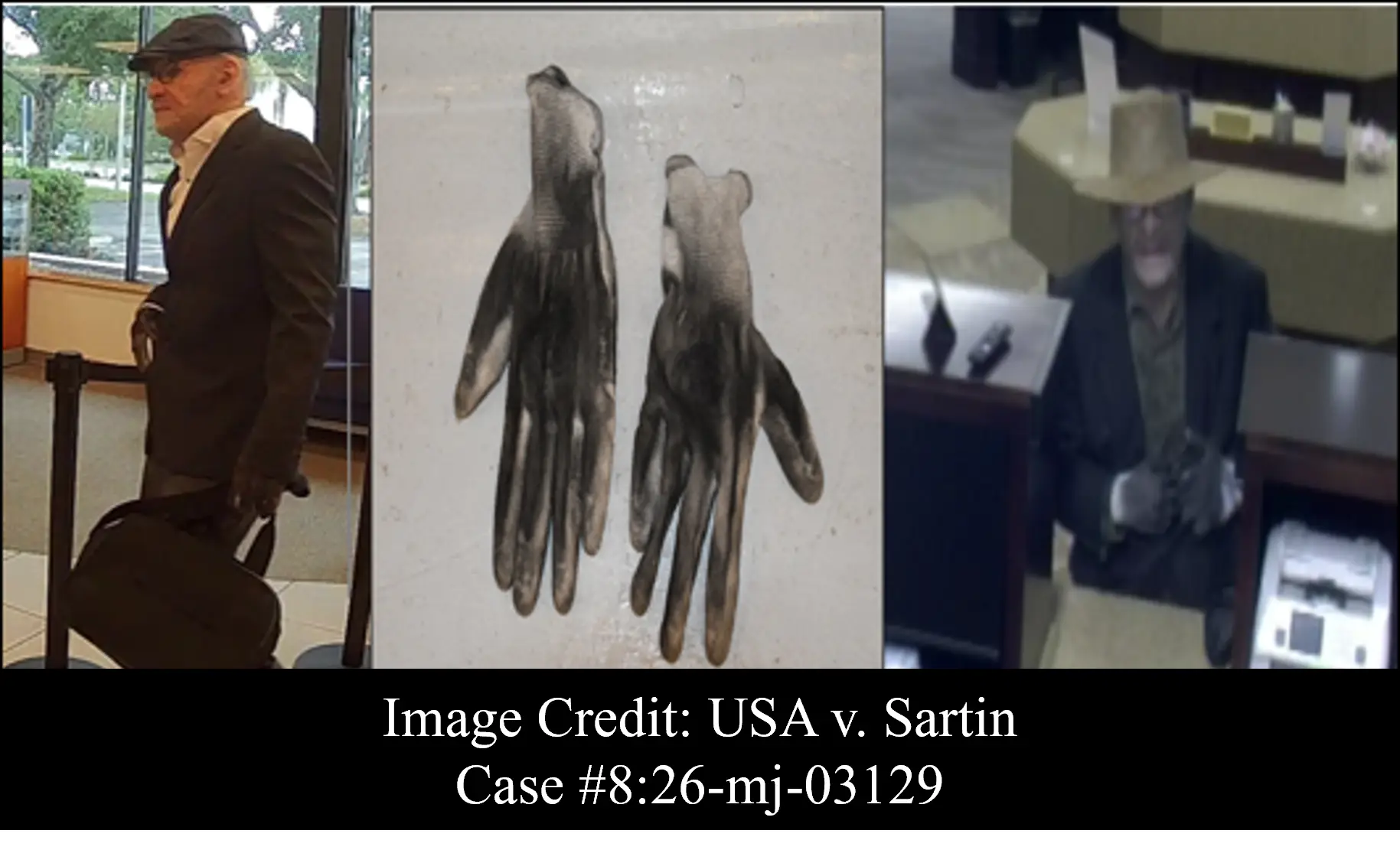 Pruebas en contra de David Sartin, Jr., el hombre que usaba mascara de anciano para robar bancos en Florida