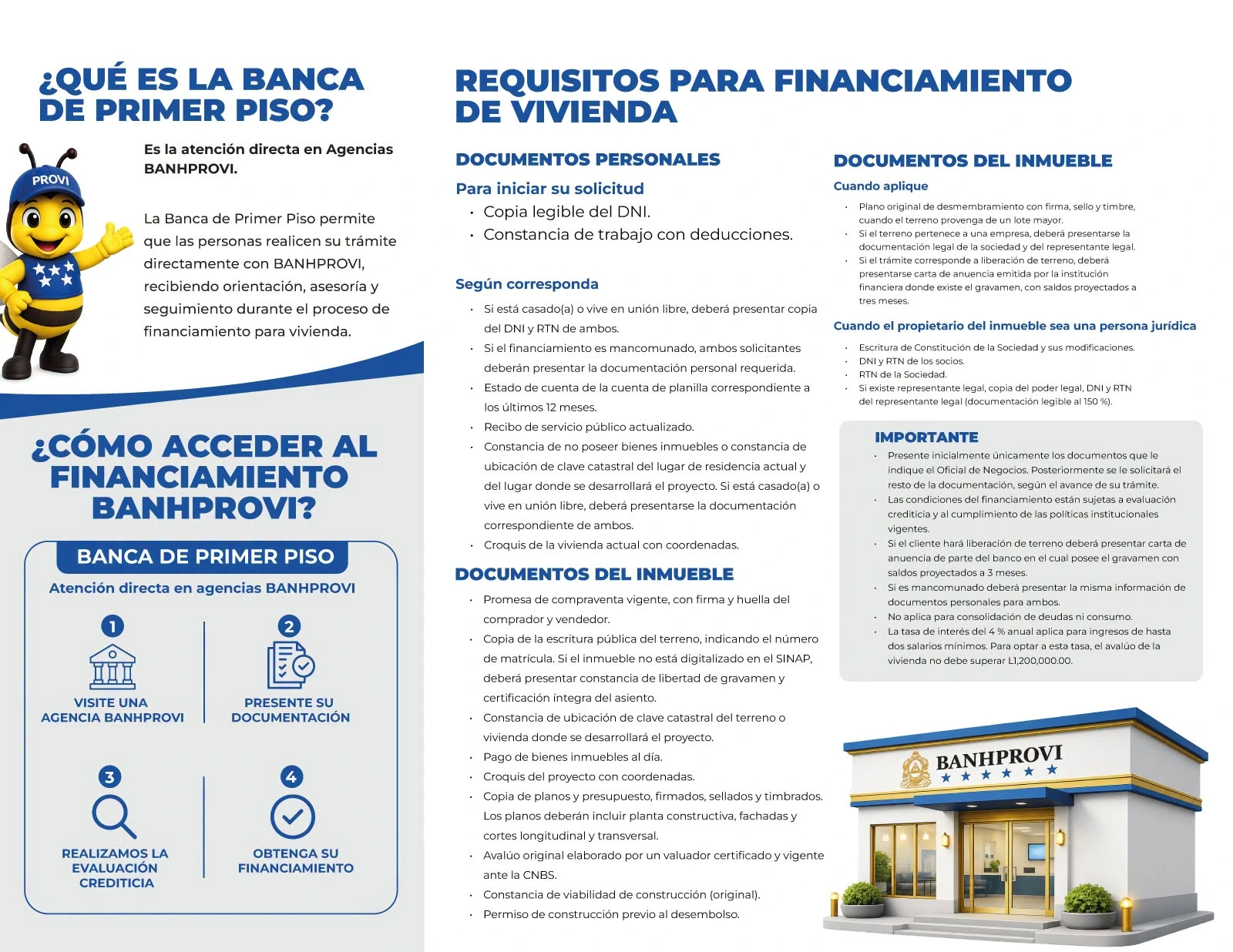 Información divulgada por Banhprovi sobre los requisitos para obtener financiamiento de vivienda.