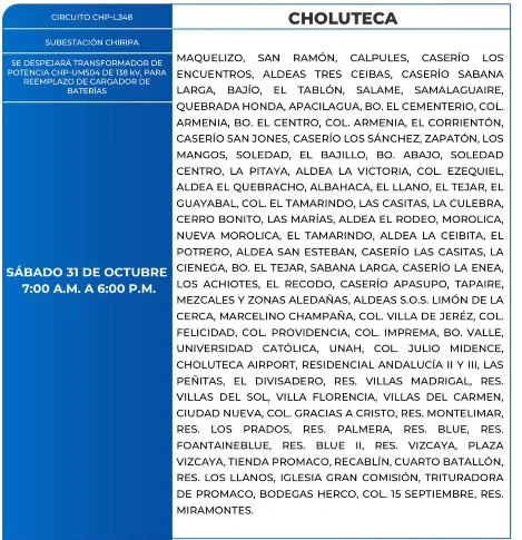 Foto de las Zonas de Choluteca que estarán sin energía eléctrica este sábado 31 de octubre, según la ENEE.