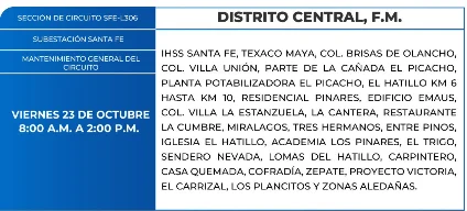 Foto de las Zonas de el Distrito Central que estarán sin energía este viernes 23 de octubre, según la ENEE.