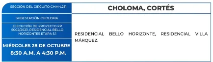 Foto de las Zonas de Choloma, Cortés estarán sin energía eléctrica este miércoles 28 de cotubre, sgún la ENEE.