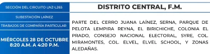 Foto de las Zonas de El Distrito Central estarán sin energía eléctrica este miércoles 28 de cotubre, sgún la ENEE.