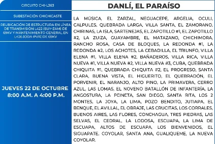 Foto de las Zonas de Danlí, El Paraíso que estarán sin energía este jueves 22 de octubre, según la ENEE.