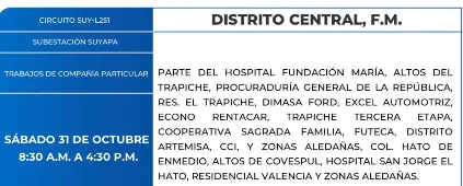 Foto de las Zonas de el Distrito Central que estarán sin energía eléctrica este sábado 31 de octubre, según la ENEE.