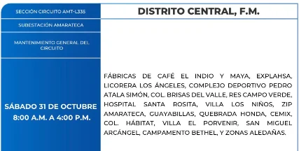 Foto de las Zonas de el Distrito Central que estarán sin energía eléctrica este sábado 31 de octubre, según la ENEE.
