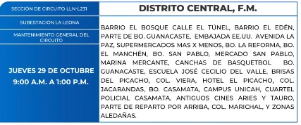 Foto de las Zonas de el Distrito Central que estarán sin energía este jueves 29 de octubre de 2026, según la ENEE.