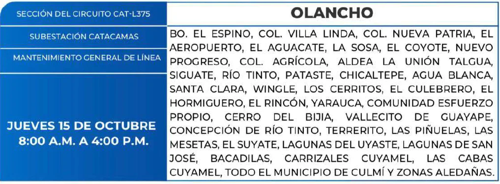 Foto de las Zonas de Olancho que estarán sin energía este jueves 15 de octubre, según la ENEE.