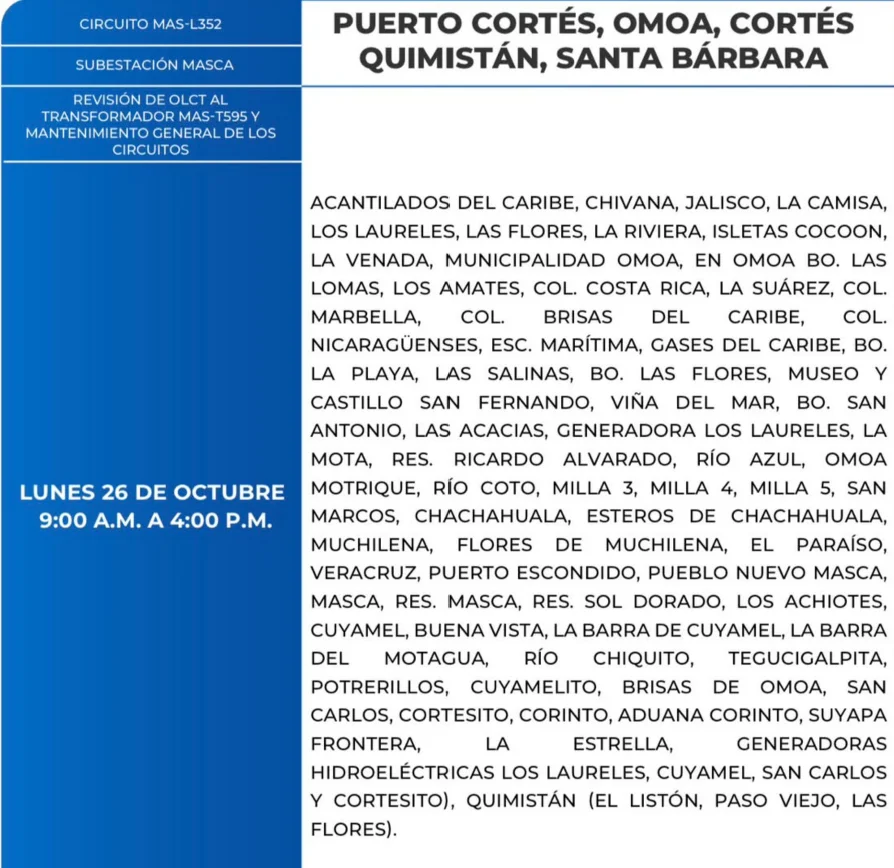 Foto de las Zonas de Omoa, Puerto Cortés, Qumistán y Santa Bárbara que estarán sin energía este lunes 26 de octubre de 2026, según la ENEE.