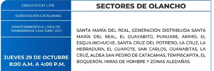 Foto de las Zonas de Olancho que estarán sin energía este jueves 29 de octubre de 2026, según la ENEE.