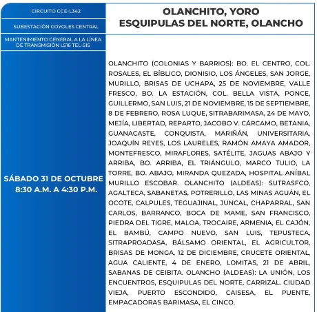 Foto de las Zonas de Olanchito,Yoro estarán sin energía este sábado 31 de octubre, según la ENEE.