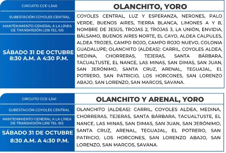 Foto de las Zonas de Olanchito,Yoro estarán sin energía este sábado 31 de octubre, según la ENEE.