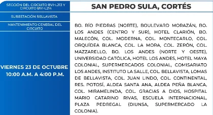 Foto de las Zonas de San Pedro Sula, Cortés que estarán sin energía este viernes 23 de octubre, según la ENEE.